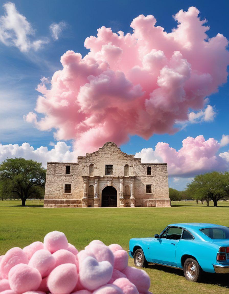 A serene Texas landscape with a sunlit, open field featuring a diverse group of happy Texans engaged in various financial activities, like budgeting, investing, and saving. Incorporate symbols of financial tools such as calculators, piggy banks, and financial books scattered around. The foreground shows a bright blue sky with cotton candy clouds, while the background reveals Texas landmarks such as the Alamo and winding rivers. The scene radiates positivity and empowerment. vibrant colors. super-realistic.