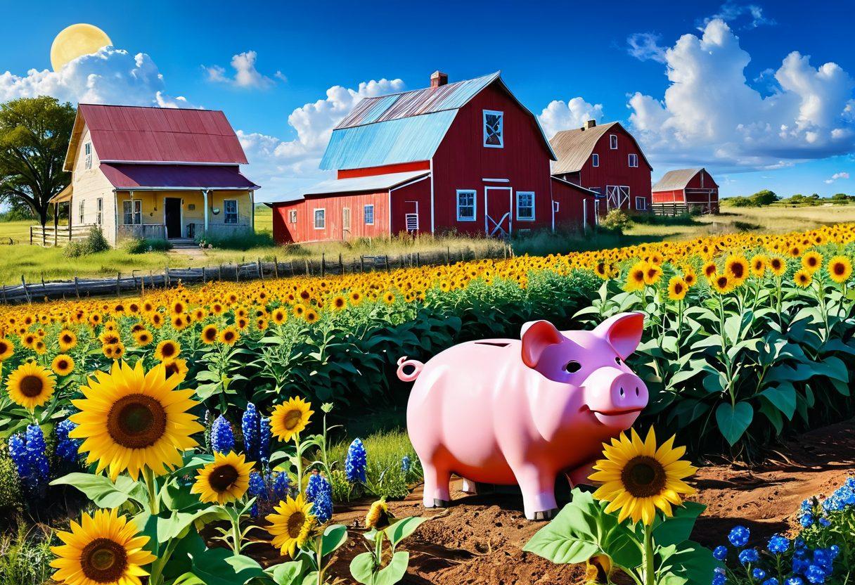 A vibrant Texas landscape featuring a sunlit field with blooming wildflowers, a family joyfully tending a small vegetable garden, and a rustic farmhouse in the background. Include a clear blue sky with a few fluffy clouds, symbolizing optimism and growth. Overlay elements like a piggy bank and sunflowers intertwined, representing financial wellness and happiness. super-realistic. vibrant colors. 3D.